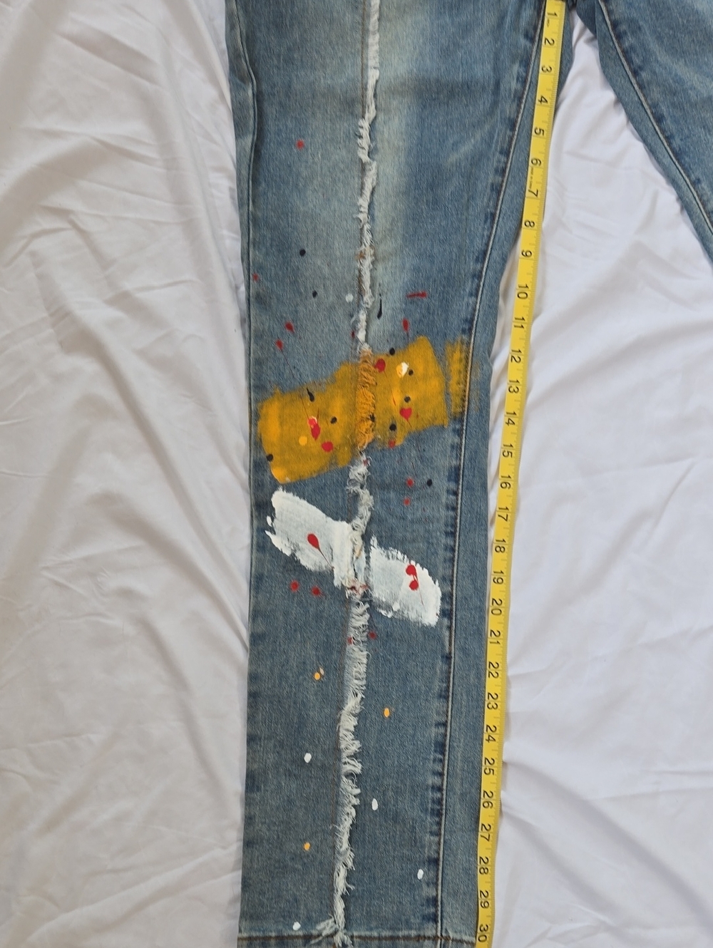 Men's Jeans Paint Splatters & Marks On Front And Back With Slight Fringe On Legs - Picture 6 of 13